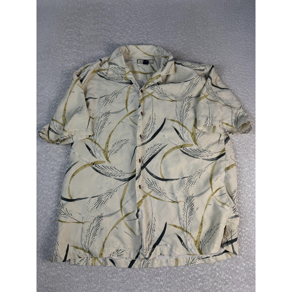 Tommy Bahama Shirt Mens Large Beige Silk Hawaiian Leaf Print Button Up Camp
